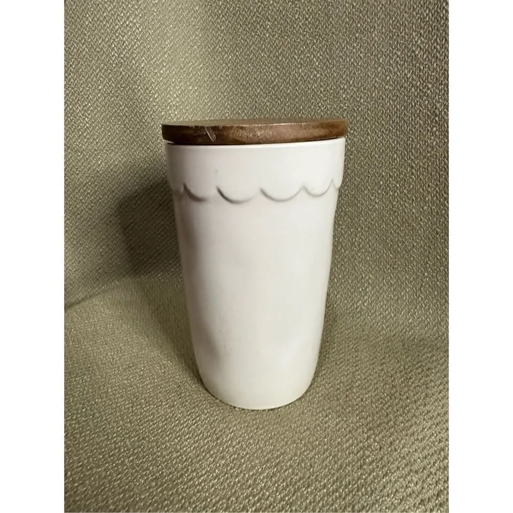 Rae Dunn TEA Cellar Canister Storage Ivory Brown Wood Lid Farmhouse 7” X 4”